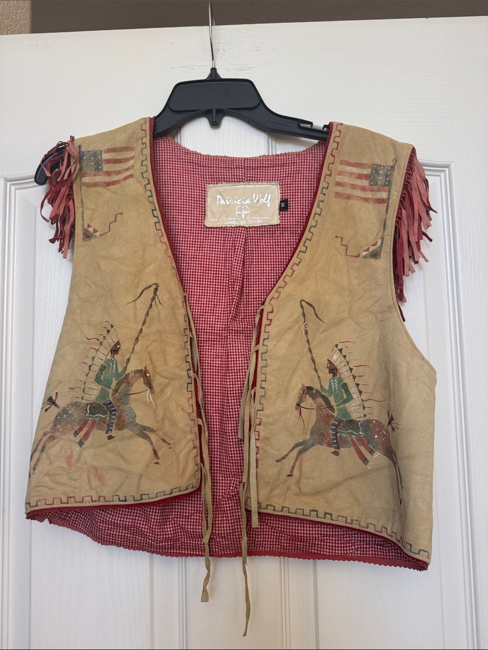 Patricia Wolf Tan Suede Western Fringe Vest with Red Lining
